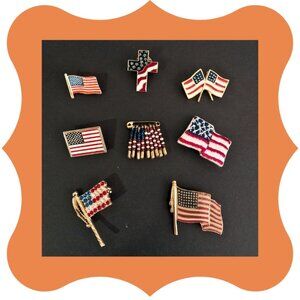 Lot of 8 Vintage American Flag Patriotic Pins + FREE MYSTERY GIFT